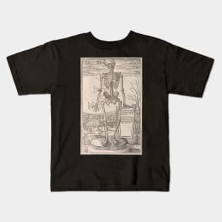 Anatomical skeleton illustration from De dissectione partium corporis humani libri tres published circa 1545 Kids T-Shirt